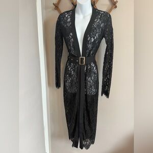 Revamped Black Floral Lace Belted Maxi Cardigan Kimono Size S